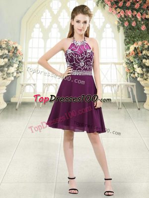 A-line Prom Party Dress Purple Halter Top Chiffon Sleeveless Knee Length Zipper