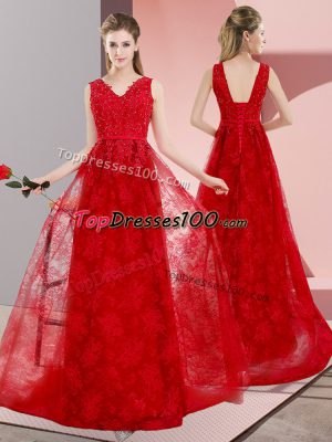 Red Sleeveless Sweep Train Beading Prom Party Dress