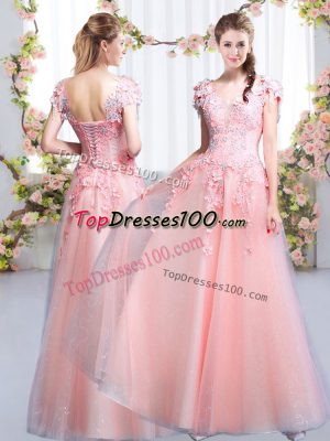 Custom Fit Tulle Cap Sleeves Floor Length Bridesmaid Gown and Beading and Appliques