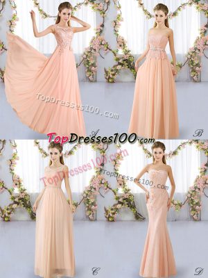 Floor Length Peach Court Dresses for Sweet 16 Chiffon Sleeveless Lace