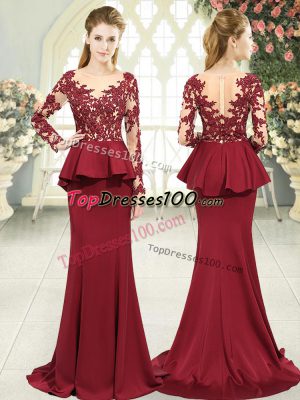 Red Long Sleeves Satin Sweep Train Zipper Evening Dress for Prom and Party