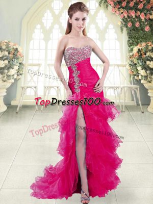 Fuchsia Sweetheart Neckline Beading and Ruffled Layers Prom Dress Sleeveless Lace Up