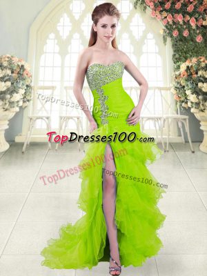 Sleeveless Brush Train Beading and Ruffled Layers Lace Up Evening Dress