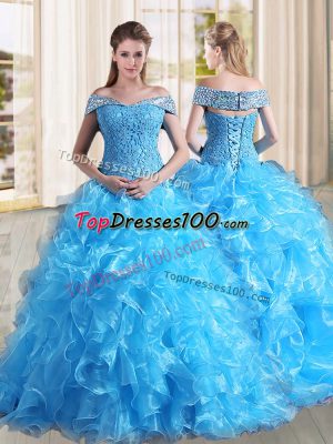 Glamorous Baby Blue Off The Shoulder Lace Up Beading and Lace and Ruffles 15 Quinceanera Dress Sweep Train Sleeveless