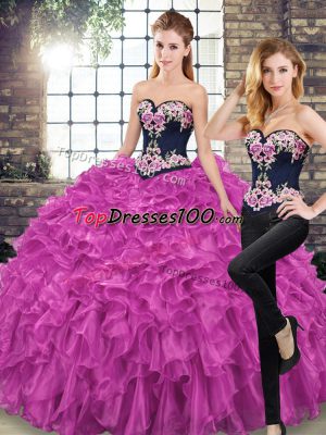 Lace Up Ball Gown Prom Dress Fuchsia for Military Ball and Sweet 16 and Quinceanera with Embroidery and Ruffles Sweep Train