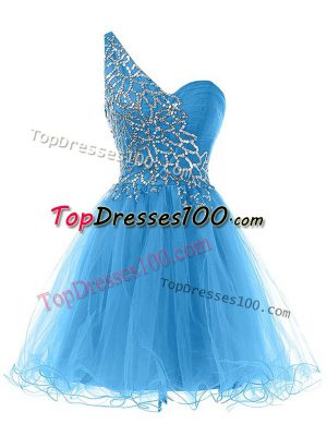 Blue Sleeveless Beading Mini Length Prom Gown