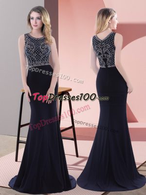 Scoop Sleeveless Prom Dress Sweep Train Beading and Lace Navy Blue Chiffon