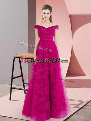 Fuchsia Sleeveless Floor Length Beading and Lace Lace Up Prom Party Dress