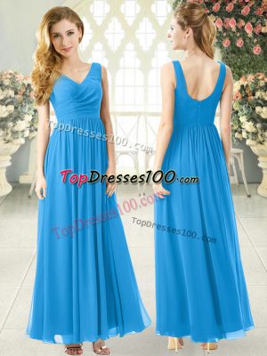 Amazing Blue Empire Ruching Homecoming Dress Zipper Chiffon Sleeveless Ankle Length