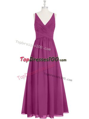 Admirable Sleeveless Floor Length Ruching Zipper Evening Dress with Fuchsia