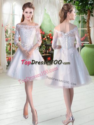 Spectacular Tulle Off The Shoulder Half Sleeves Lace Up Lace and Appliques Prom Gown in White