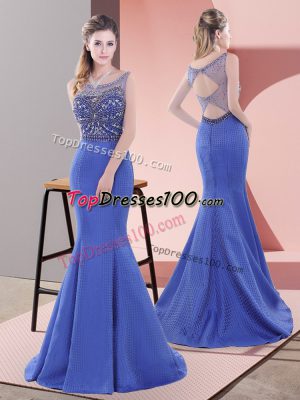 Top Selling Sleeveless Beading and Lace Lace Up Dress for Prom with Blue Sweep Train