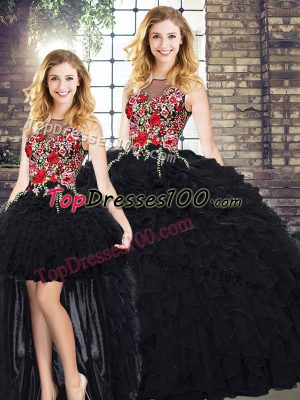 Deluxe Black Organza Zipper Scoop Sleeveless Floor Length Quinceanera Gown Embroidery and Ruffles