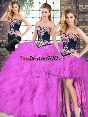 Fuchsia Tulle Lace Up Sweetheart Sleeveless Floor Length Sweet 16 Dresses Beading and Embroidery