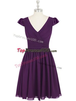 Purple Zipper Prom Gown Ruching Cap Sleeves Mini Length