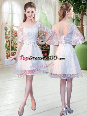 White Scoop Neckline Beading Half Sleeves Lace Up