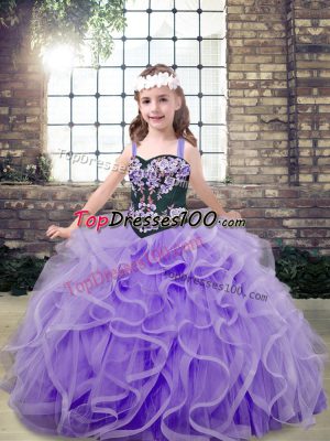 Pretty Lavender Lace Up Little Girls Pageant Dress Wholesale Embroidery and Ruffles Sleeveless Floor Length