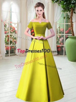 Yellow Green Homecoming Dress Prom and Party with Belt Off The Shoulder Short Sleeves Lace Up