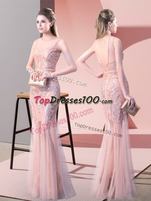 Customized Tulle Scoop Sleeveless Backless Sequins Prom Party Dress in Pink