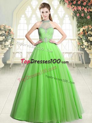 Sexy A-line Beading Prom Gown Zipper Tulle Sleeveless Floor Length