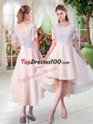 A-line Prom Gown Champagne Scoop Tulle Short Sleeves High Low Lace Up