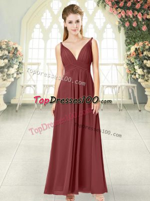 Modest V-neck Sleeveless Chiffon Formal Evening Gowns Ruching Backless