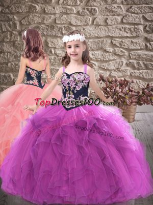 Straps Sleeveless Kids Formal Wear Floor Length Embroidery and Ruffles Purple Tulle