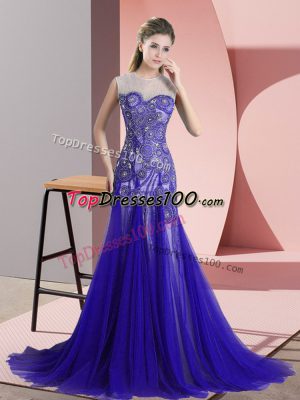 Perfect Blue Backless Scoop Beading and Appliques Formal Dresses Tulle Sleeveless Sweep Train
