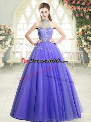 High Quality Lavender Zipper Halter Top Beading Prom Party Dress Tulle Sleeveless