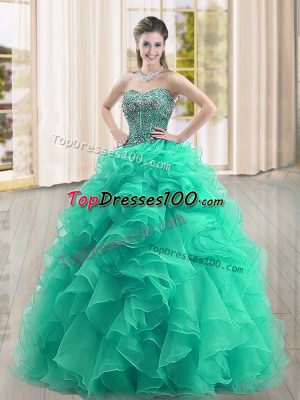 Turquoise Organza Lace Up Sweetheart Sleeveless Floor Length Vestidos de Quinceanera Beading and Ruffles