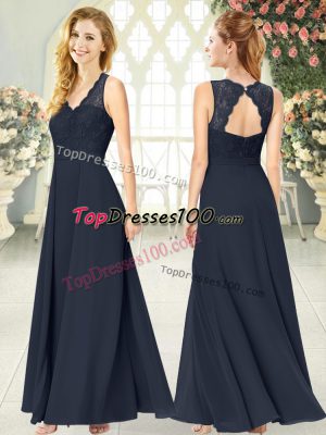 Black Empire Lace Prom Dresses Zipper Chiffon Sleeveless Ankle Length