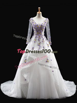 White A-line Tulle Scoop Long Sleeves Appliques Backless 15 Quinceanera Dress Brush Train