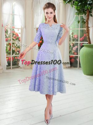 V-neck Half Sleeves Zipper Going Out Dresses Blue
