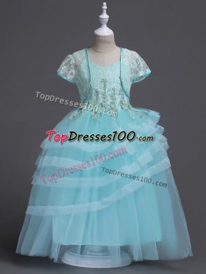 Enchanting Sleeveless Tulle Floor Length Zipper Flower Girl Dresses for Less in Aqua Blue with Appliques