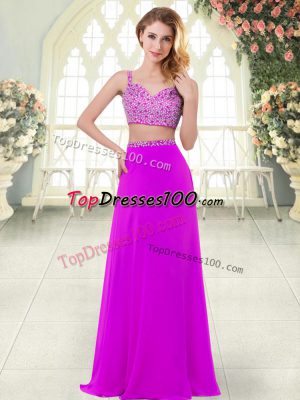 Trendy Purple Two Pieces Chiffon Straps Sleeveless Beading Floor Length Zipper Juniors Evening Dress