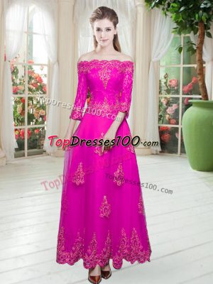 Clearance Off The Shoulder 3 4 Length Sleeve Casual Dresses Ankle Length Lace and Appliques Fuchsia Tulle