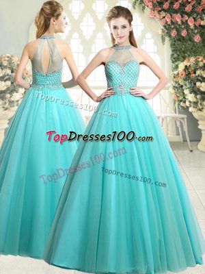 Sexy Aqua Blue Zipper Evening Dress Beading Sleeveless Floor Length