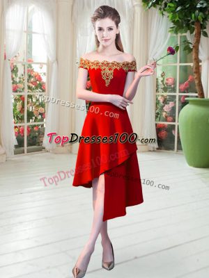 Best Selling Red Satin Zipper Off The Shoulder Sleeveless Asymmetrical Appliques