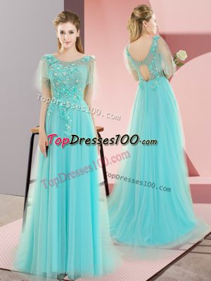 Cheap Sleeveless Tulle Sweep Train Backless Prom Party Dress in Aqua Blue with Appliques