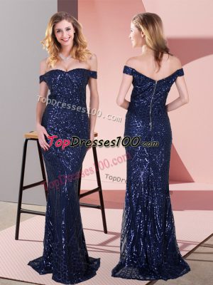 Superior Sequined Off The Shoulder Sleeveless Zipper Ruching Womens Evening Dresses in Navy Blue