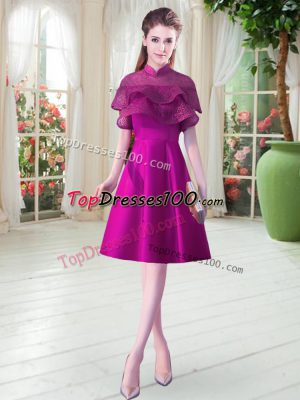Purple A-line Satin High-neck Cap Sleeves Beading Knee Length Lace Up Prom Evening Gown