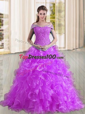 Purple Lace Up Sweet 16 Dress Beading and Lace and Ruffles Sleeveless Sweep Train