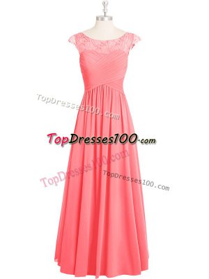 Floor Length Pink Dress for Prom Scoop Cap Sleeves Zipper