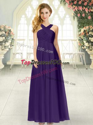Unique Straps Sleeveless Homecoming Dress Floor Length Ruching Purple Chiffon