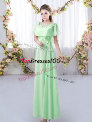 Green Empire Scoop Short Sleeves Chiffon Floor Length Zipper Appliques Bridesmaid Gown