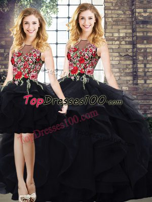 Custom Fit Bateau Sleeveless Lace Up Quinceanera Gown Black Tulle