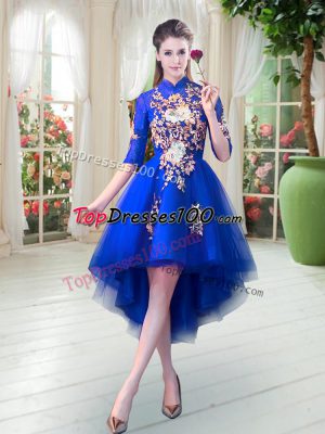 Perfect Royal Blue Half Sleeves High Low Appliques Zipper Dress for Prom