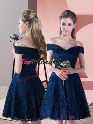 Mini Length A-line Sleeveless Navy Blue Prom Evening Gown Lace Up