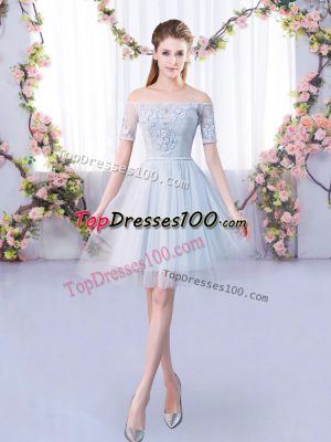 Mini Length Grey Wedding Party Dress Off The Shoulder Short Sleeves Lace Up