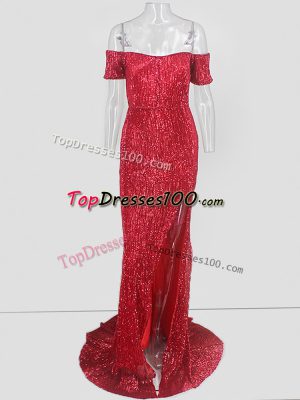 Decent Red Off The Shoulder Sequins Evening Dress Short Sleeves Sweep Train